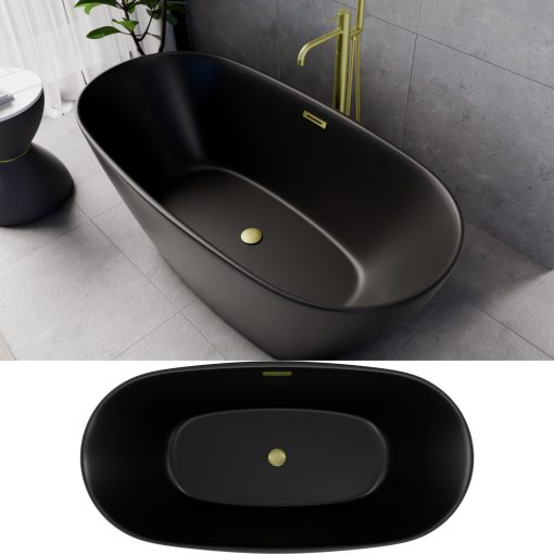 HD Aurora Matt Black 150/160/170 cm hosszú ovális térben álló akril kád szálcsiszolt arany túlfolyóval és click-clack leeresztővel