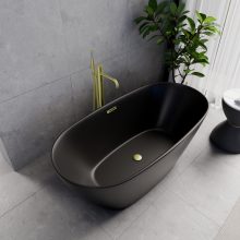 HD Aurora Matt Black 150/160/170 cm hosszú ovális térben álló akril kád szálcsiszolt arany túlfolyóval és click-clack leeresztővel