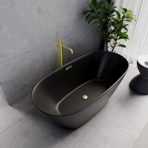 HD Aurora Matt Black 150/160/170 cm hosszú ovális térben álló akril kád szálcsiszolt arany túlfolyóval és click-clack leeresztővel