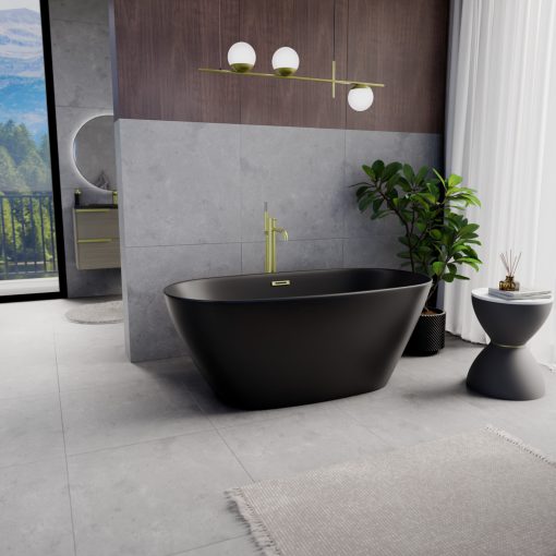 HD Aurora Matt Black 150/160/170 cm hosszú ovális térben álló akril kád szálcsiszolt arany túlfolyóval és click-clack leeresztővel