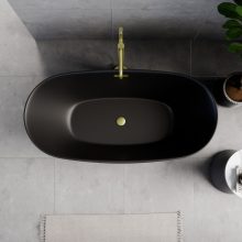 HD Aurora Matt Black 150/160/170 cm hosszú ovális térben álló akril kád szálcsiszolt arany túlfolyóval és click-clack leeresztővel