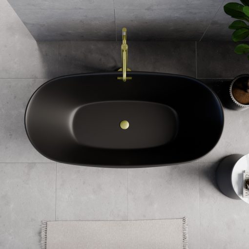 HD Aurora Matt Black 150/160/170 cm hosszú ovális térben álló akril kád szálcsiszolt arany túlfolyóval és click-clack leeresztővel