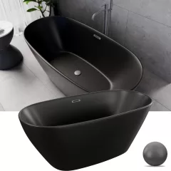   HD Aurora Matt Black 150/160/170 cm hosszú ovális térben álló akril kád szürke túlfolyóval és click-clack leeresztővel