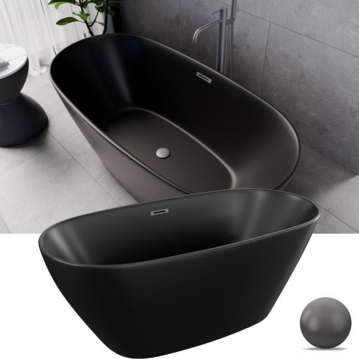 HD Aurora Matt Black 150/160/170 cm hosszú ovális térben álló akril kád szürke túlfolyóval és click-clack leeresztővel