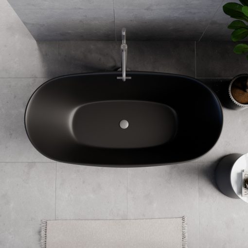 HD Aurora Matt Black 150/160/170 cm hosszú ovális térben álló akril kád szürke túlfolyóval és click-clack leeresztővel