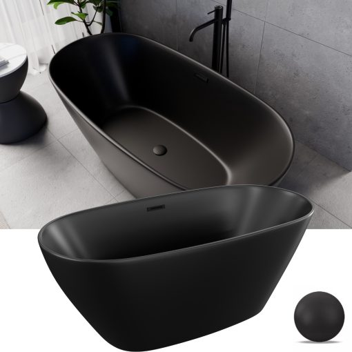 HD Aurora Matt Black 150/160/170 cm hosszú ovális térben álló akril kád matt fekete túlfolyóval és click-clack leeresztővel