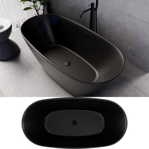 HD Aurora Matt Black 150/160/170 cm hosszú ovális térben álló akril kád matt fekete túlfolyóval és click-clack leeresztővel