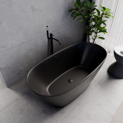 HD Aurora Matt Black 150/160/170 cm hosszú ovális térben álló akril kád matt fekete túlfolyóval és click-clack leeresztővel