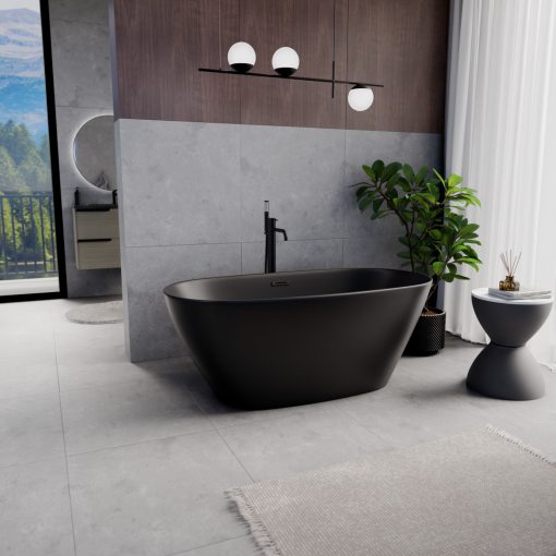 HD Aurora Matt Black 150/160/170 cm hosszú ovális térben álló akril kád matt fekete túlfolyóval és click-clack leeresztővel