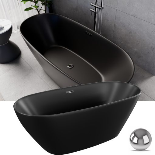 HD Aurora Matt Black 160x75 ovális térben álló akril kád fényes króm túlfolyóval és click-clack leeresztővel