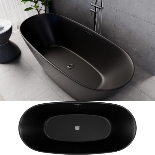 HD Aurora Matt Black 160x75 ovális térben álló akril kád fényes króm túlfolyóval és click-clack leeresztővel