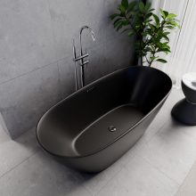 HD Aurora Matt Black 160x75 ovális térben álló akril kád fényes króm túlfolyóval és click-clack leeresztővel