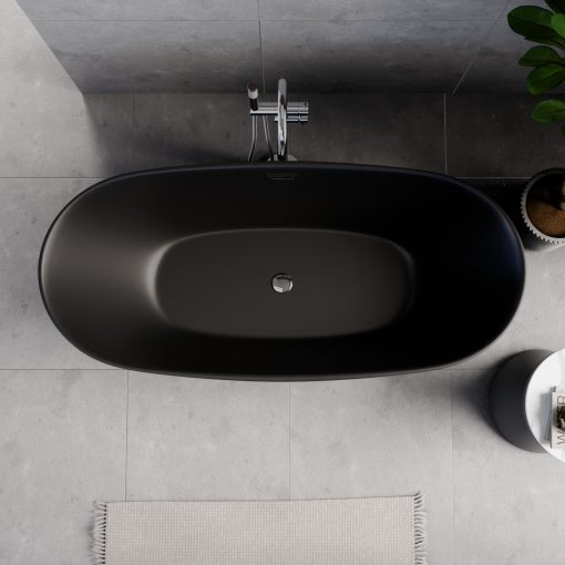 HD Aurora Matt Black 160x75 ovális térben álló akril kád fényes króm túlfolyóval és click-clack leeresztővel