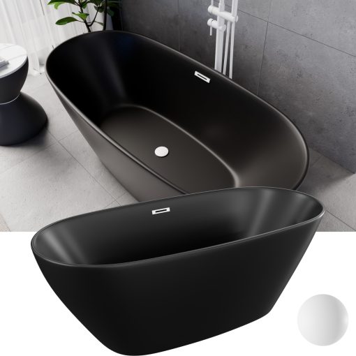 HD Aurora Matt Black 160x75 ovális térben álló akril kád matt fehér túlfolyóval és click-clack leeresztővel