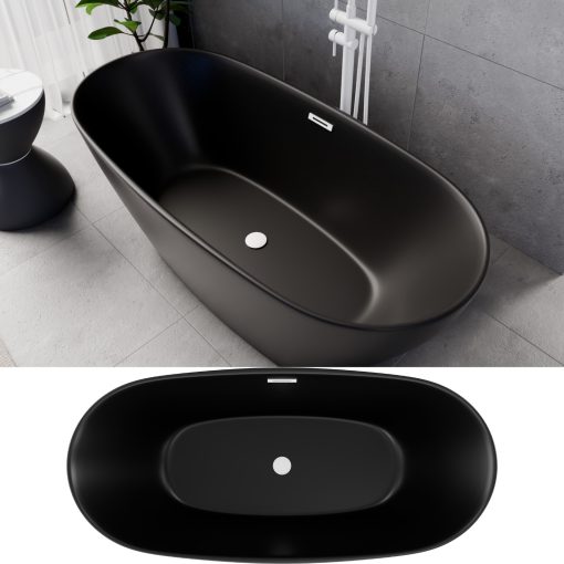 HD Aurora Matt Black 160x75 ovális térben álló akril kád matt fehér túlfolyóval és click-clack leeresztővel