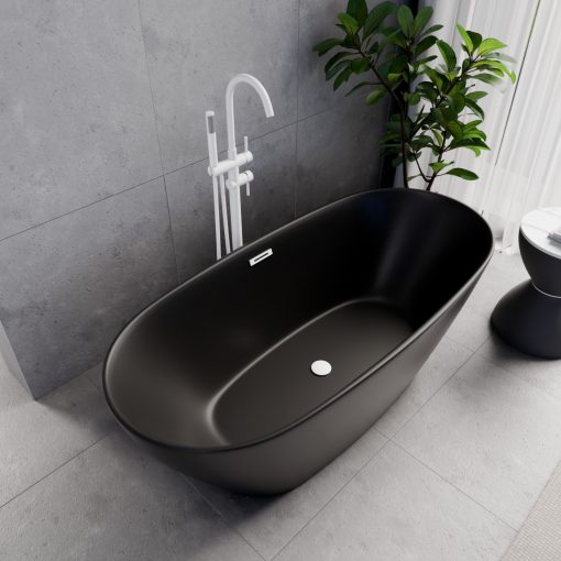 HD Aurora Matt Black 160x75 ovális térben álló akril kád matt fehér túlfolyóval és click-clack leeresztővel