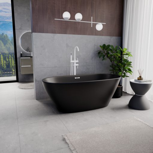 HD Aurora Matt Black 160x75 ovális térben álló akril kád matt fehér túlfolyóval és click-clack leeresztővel