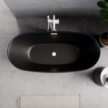 HD Aurora Matt Black 160x75 ovális térben álló akril kád matt fehér túlfolyóval és click-clack leeresztővel