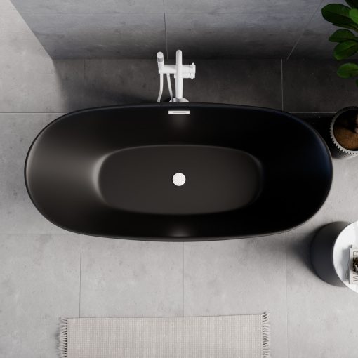 HD Aurora Matt Black 160x75 ovális térben álló akril kád matt fehér túlfolyóval és click-clack leeresztővel