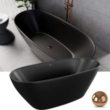 HD Aurora Matt Black 160x75 ovális térben álló akril kád rózsa arany túlfolyóval és click-clack leeresztővel