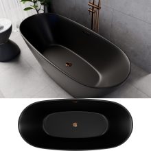 HD Aurora Matt Black 160x75 ovális térben álló akril kád rózsa arany túlfolyóval és click-clack leeresztővel