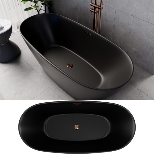 HD Aurora Matt Black 160x75 ovális térben álló akril kád rózsa arany túlfolyóval és click-clack leeresztővel