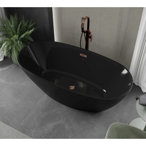 HD Aurora Matt Black 160x75 ovális térben álló akril kád rózsa arany túlfolyóval és click-clack leeresztővel