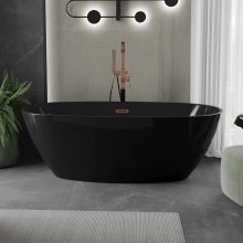 HD Aurora Matt Black 160x75 ovális térben álló akril kád rózsa arany túlfolyóval és click-clack leeresztővel