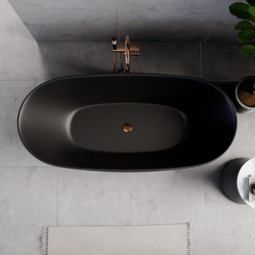 HD Aurora Matt Black 160x75 ovális térben álló akril kád rózsa arany túlfolyóval és click-clack leeresztővel
