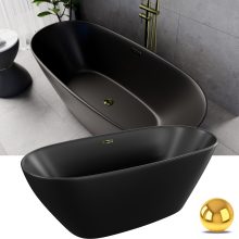 HD Aurora Matt Black 160x75 ovális térben álló akril kád fényes arany túlfolyóval és click-clack leeresztővel
