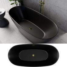 HD Aurora Matt Black 160x75 ovális térben álló akril kád fényes arany túlfolyóval és click-clack leeresztővel