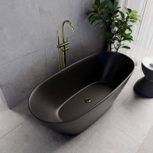 HD Aurora Matt Black 160x75 ovális térben álló akril kád fényes arany túlfolyóval és click-clack leeresztővel