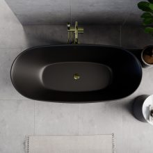 HD Aurora Matt Black 160x75 ovális térben álló akril kád fényes arany túlfolyóval és click-clack leeresztővel