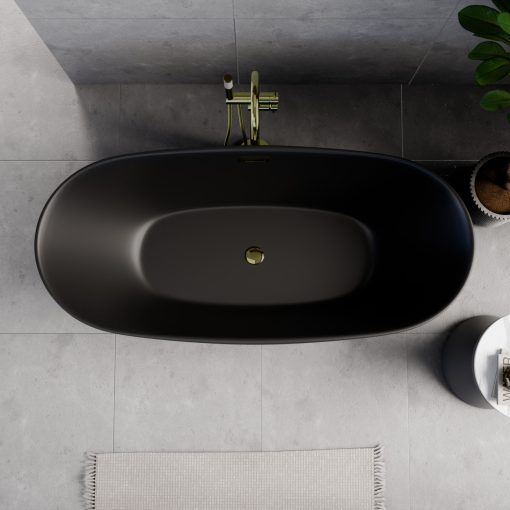 HD Aurora Matt Black 160x75 ovális térben álló akril kád fényes arany túlfolyóval és click-clack leeresztővel