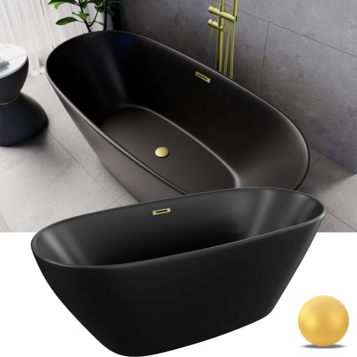 HD Aurora Matt Black 160x75 ovális térben álló akril kád szálcsiszolt arany túlfolyóval és click-clack leeresztővel