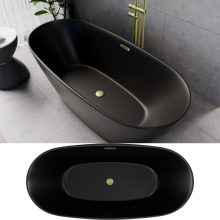 HD Aurora Matt Black 160x75 ovális térben álló akril kád szálcsiszolt arany túlfolyóval és click-clack leeresztővel