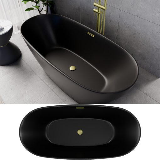 HD Aurora Matt Black 160x75 ovális térben álló akril kád szálcsiszolt arany túlfolyóval és click-clack leeresztővel