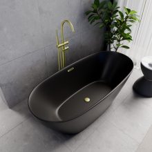 HD Aurora Matt Black 160x75 ovális térben álló akril kád szálcsiszolt arany túlfolyóval és click-clack leeresztővel