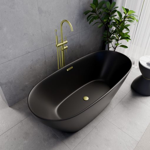 HD Aurora Matt Black 160x75 ovális térben álló akril kád szálcsiszolt arany túlfolyóval és click-clack leeresztővel