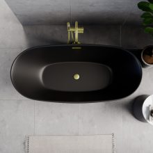 HD Aurora Matt Black 160x75 ovális térben álló akril kád szálcsiszolt arany túlfolyóval és click-clack leeresztővel