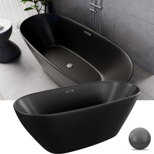 HD Aurora Matt Black 160x75 ovális térben álló akril kád szürke túlfolyóval és click-clack leeresztővel