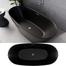 HD Aurora Matt Black 160x75 ovális térben álló akril kád szürke túlfolyóval és click-clack leeresztővel