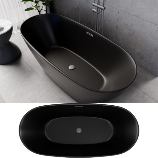 HD Aurora Matt Black 160x75 ovális térben álló akril kád szürke túlfolyóval és click-clack leeresztővel