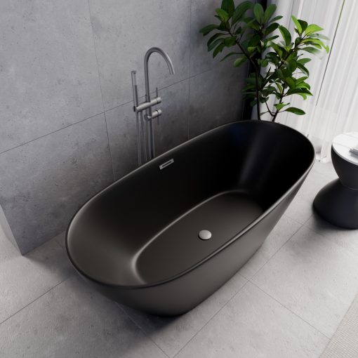 HD Aurora Matt Black 160x75 ovális térben álló akril kád szürke túlfolyóval és click-clack leeresztővel