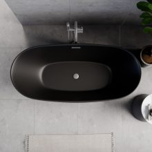 HD Aurora Matt Black 160x75 ovális térben álló akril kád szürke túlfolyóval és click-clack leeresztővel