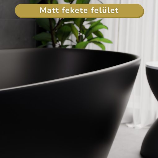 HD Aurora Matt Black 160x75 ovális térben álló akril kád szürke túlfolyóval és click-clack leeresztővel