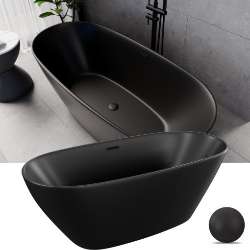 HD Aurora Matt Black 160x75 ovális térben álló akril kád matt fekete túlfolyóval és click-clack leeresztővel