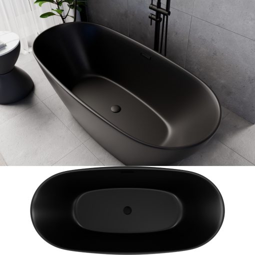 HD Aurora Matt Black 160x75 ovális térben álló akril kád matt fekete túlfolyóval és click-clack leeresztővel