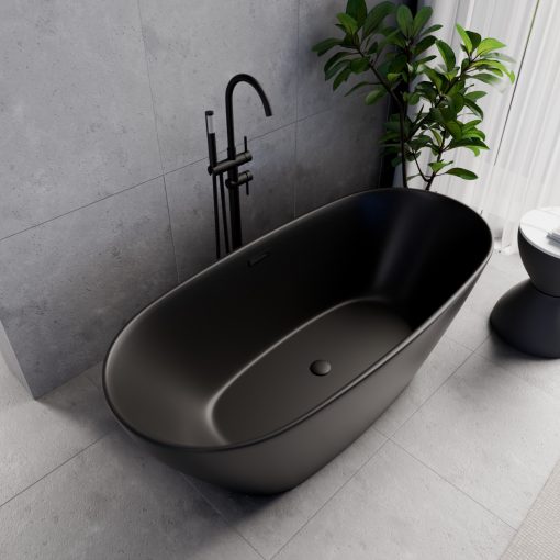 HD Aurora Matt Black 160x75 ovális térben álló akril kád matt fekete túlfolyóval és click-clack leeresztővel