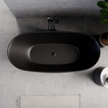 HD Aurora Matt Black 160x75 ovális térben álló akril kád matt fekete túlfolyóval és click-clack leeresztővel